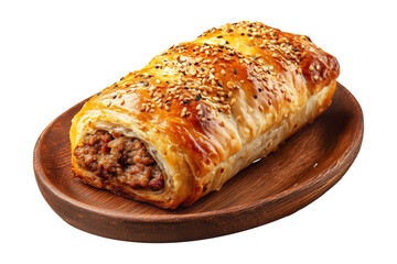 Australia Sausage roll puff pastry filled with minced meat on wooden plate isolated on white transparent background, concept of baked snack or meal