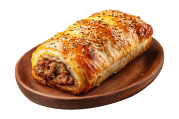 Australia Sausage roll puff pastry filled with minced meat on wooden plate isolated on white transparent background, concept of baked snack or meal