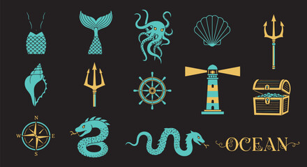 Vector illustration of set of nautical and marine icons for ocean themed designs on dark background