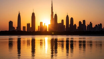 Obraz premium City skyline silhouetted against a vibrant sunrise, reflected in calm water