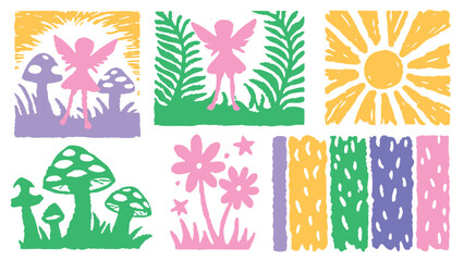 Colorful whimsical illustration featuring fairies mushrooms flowers and sunshine in a block print style