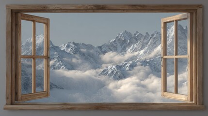 Snowy mountain range seen through an open window.