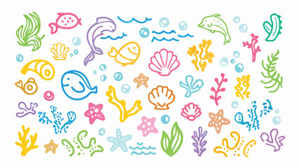 Colorful sea life doodle pattern with fish dolphins starfish seaweed and shells in a fun whimsical style