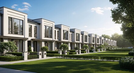 Modern luxury townhomes with pristine landscaping and sunny skies create an inviting suburban streetscape