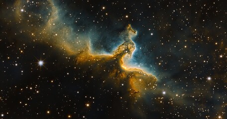 A vibrant nebula, swirling teal and gold hues against a backdrop of countless stars, showcasing cosmic dust and gas