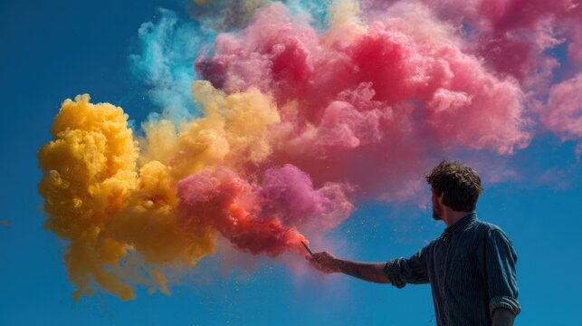 A person stands outdoors, holding a smoke bomb that releases bright pink, orange, and yellow clouds. This visually striking moment captures the excitement and joy of a festive occasion.