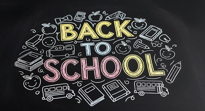 Back to school chalkboard drawing with school bus books and apples on a black background design art