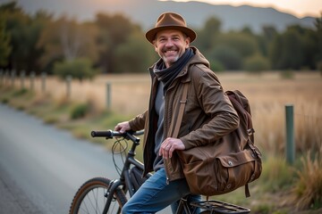 Fototapeta premium Portrait Of Eco Conscious Traveler With Vintage Bike And Canvas Gear Bag, Evening Light.