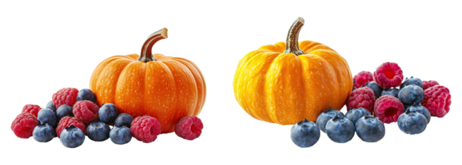Set of decorative pumpkins in rich orange color isolated on transparent background. PNG