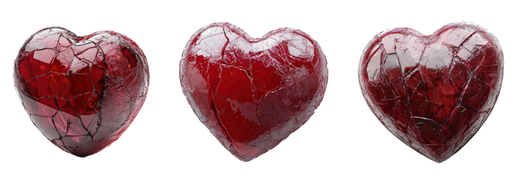 Set of cracked red hearts isolated on transparent background. PNG