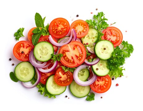 A vibrant mix of sliced tomatoes, cucumbers, red onions, and fresh herbs, arranged artfully on a white background - Powered by Adobe