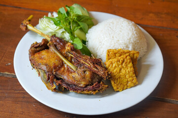 Duck Rice with Green Chili Sambal, Indonesia, captured on August 6, 2025. Steamed rice served with crispy fried duck and a spicy green chili sambal, a bold and flavorful Indonesian specialty