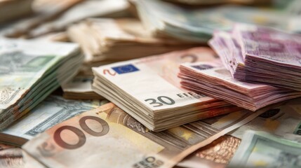 Euro banknotes of different denominations are visibly stacked and scattered, showcasing colors and designs. The arrangement highlights the rich texture and details in bright light.