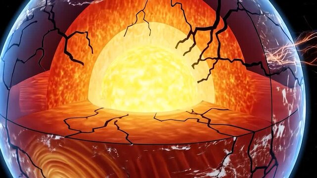 Exploded View of Earth's Core and Mantle with Energy Bursts