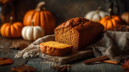 Pumpkin bread loaf with slice removed, cozy autumn scene with pumpkins and cinnamon, halloween theme, empty top space for message