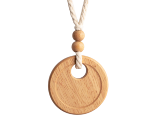Hanging Wooden Keychain with Braided Cream Cord, Front-Facing View, Isolated PNG