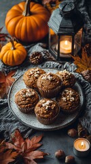 Pumpkin muffins arranged on rustic plate, surrounded by glowing lantern and fall leaves, halloween cozy style, blank background for text overlay