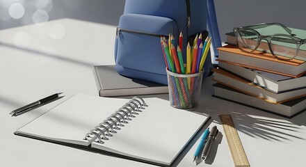 A school desk with a blue backpack books glasses pencils and an open notebook ready for study