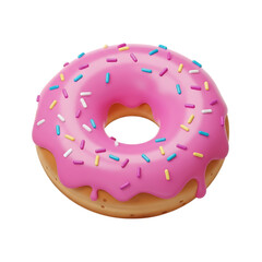 Delicious pink frosted donut with colorful sprinkles isolated on transparent background