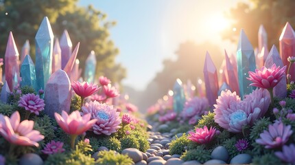 Obraz premium Whimsical Garden Path with Crystals and Flowers