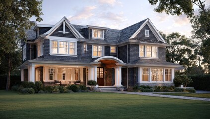 Fototapeta premium Stately Charcoal Shingle Home Illuminated by the Warm Glow of Twilight