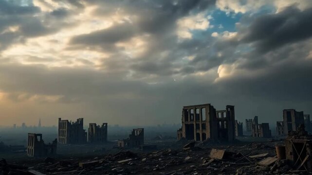 dramatic distroyed cityscape in moody lighting, timelapse video of an olden city, Ai generated, 
