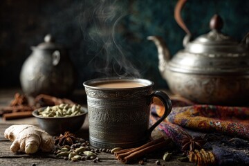 Steaming Chai in Ornate Metal Mug with Spices and Vintage Teapot
