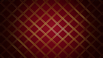 Abstract background with a classic diamond grid pattern. The elegant gold lines against a deep red textured surface, highlighted by a golden glow, create a luxurious and sophisticated design.