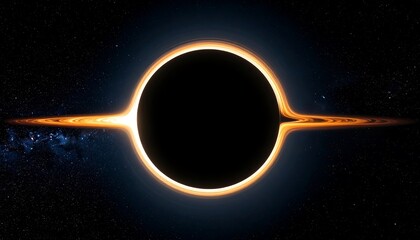 Accretion disk illuminates a black hole's event horizon against a starry backdrop