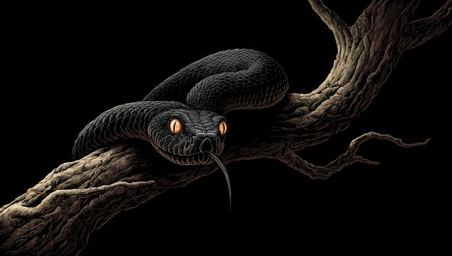 Black snake coiled on a gnarled branch, dark background