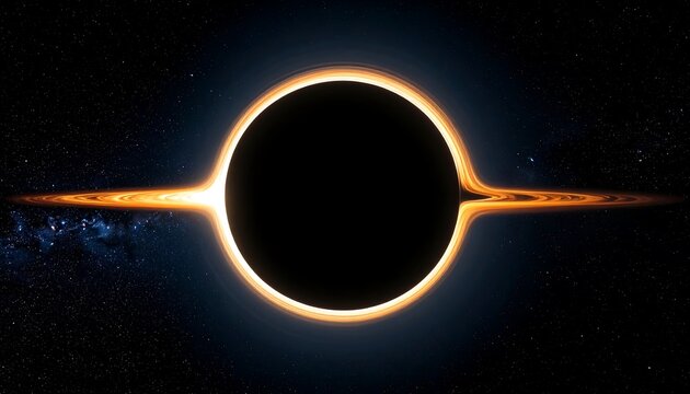 Accretion disk illuminates a black hole's event horizon against a starry backdrop