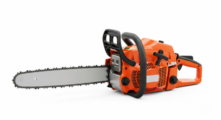 Close-up of a professional orange gas-powered chainsaw isolated on white background. Powerful forestry equipment ideal for logging, woodcutting, and heavy-duty outdoor work.

