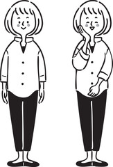 若い女性のイラスト 　全身　ベクター（モノクロ）
