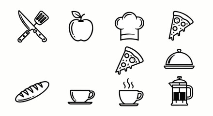 Collection of food, beverage, and cooking icons in a simple black outline style, including pizza, coffee, and chef's hat.