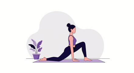 Faceless woman with a hair bun in a low lunge yoga pose, wearing purple sportswear on a mat. Minimalist vector illustration.