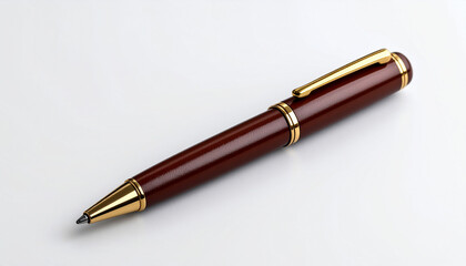 Elegant pen with dark brown leather grip, gold metal accents, minimalist white background, realistic shadows, soft lighting in business catalog style