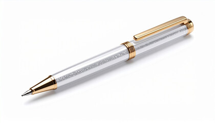 Naklejka premium Elegant pen with clear crystal tip and transparent acrylic body accented with glitter, clean white background, soft shadow, suitable for luxury and artistic stationery designs