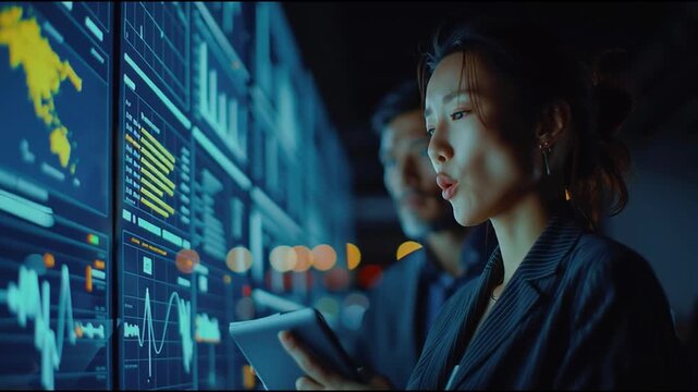 Business professionals analyzing futuristic digital data dashboard in modern high-tech office - Powered by Adobe