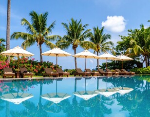 Tropical Resort Pool with Sun Loungers and Umbrellas 