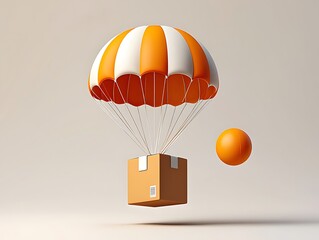 Fast Delivery Service Package Descending with Parachute and Orange Ball