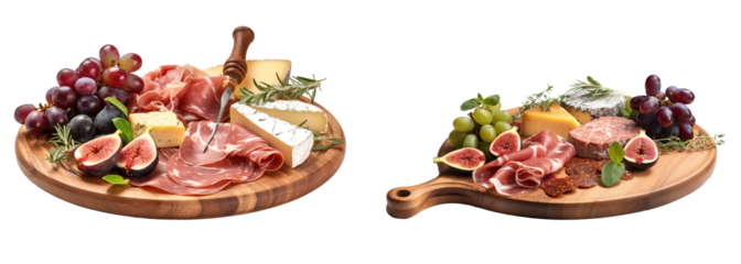 A collection of rustic charcuterie board with fresh fruit and meats on top, isolated on a transparent background.