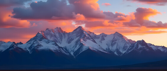 Obraz premium Majestic Snowy Mountain Peaks at Sunset with Vibrant Sky