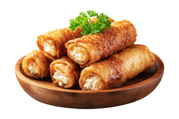 Australia Chiko Roll or crispy fried chicken wrap stuffed with melted cheese, bell peppers, and meat on wooden plate, isolated on white transparent background