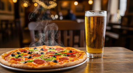 Perfect Pairing &ndash; Fresh Pizza & Frosty Beer in a Cozy Pub Setting.