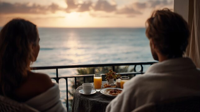 Couple enjoying breakfast on hotel balcony overlooking the ocean