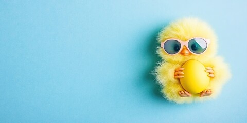 A fluffy yellow chick wearing sunglasses clutches a yellow egg against a light blue background