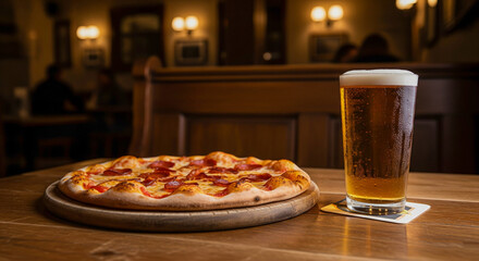 Perfect Pairing – Fresh Pizza & Frosty Beer in a Cozy Pub Setting.