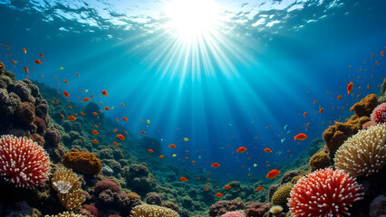Fototapeta premium Vibrant Coral Reef Underwater Scene with Tropical Fish and Sun Rays