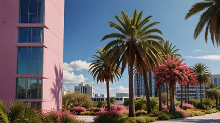 Scenic Urban Vista with Palm Trees and Pink Blossoms, Sunny Day V3
