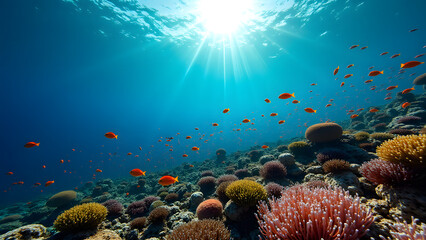 Obraz premium Vibrant Coral Reef Underwater Scene with Tropical Fish and Sun Rays